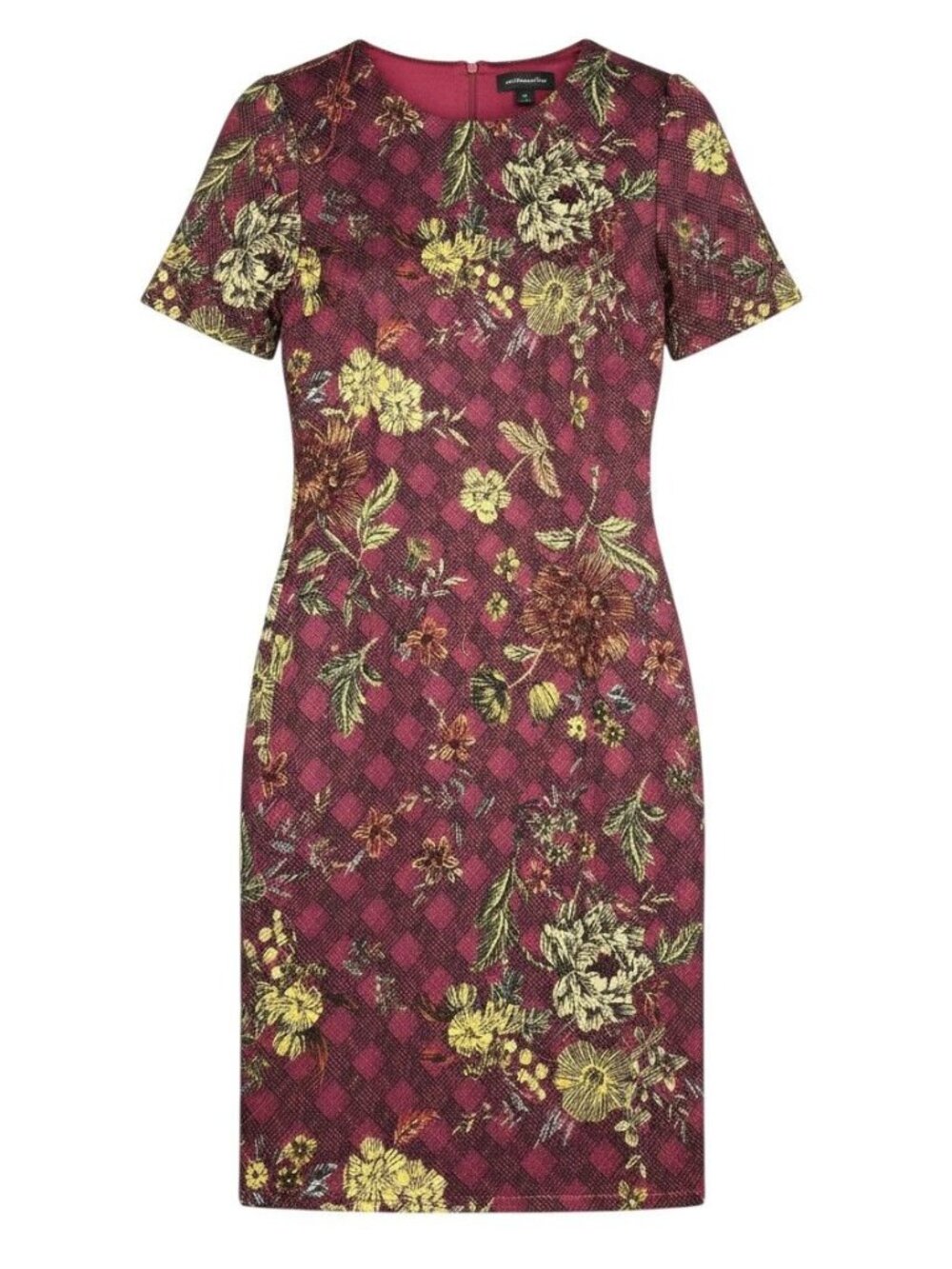 Liz Claiborne Womens Floral Plaid Textured Sheath Dress Burgundy Yellow Size 4
